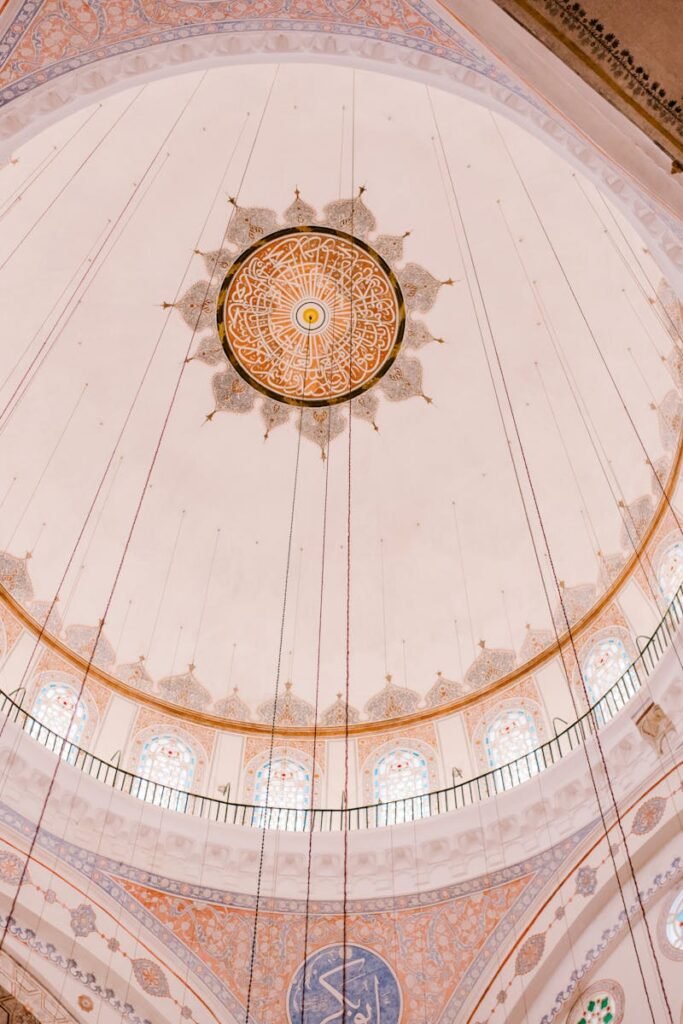 About A detailed view of the ornate interior dome of the famous Blue Mosque in Istanbul, vividly captured.
